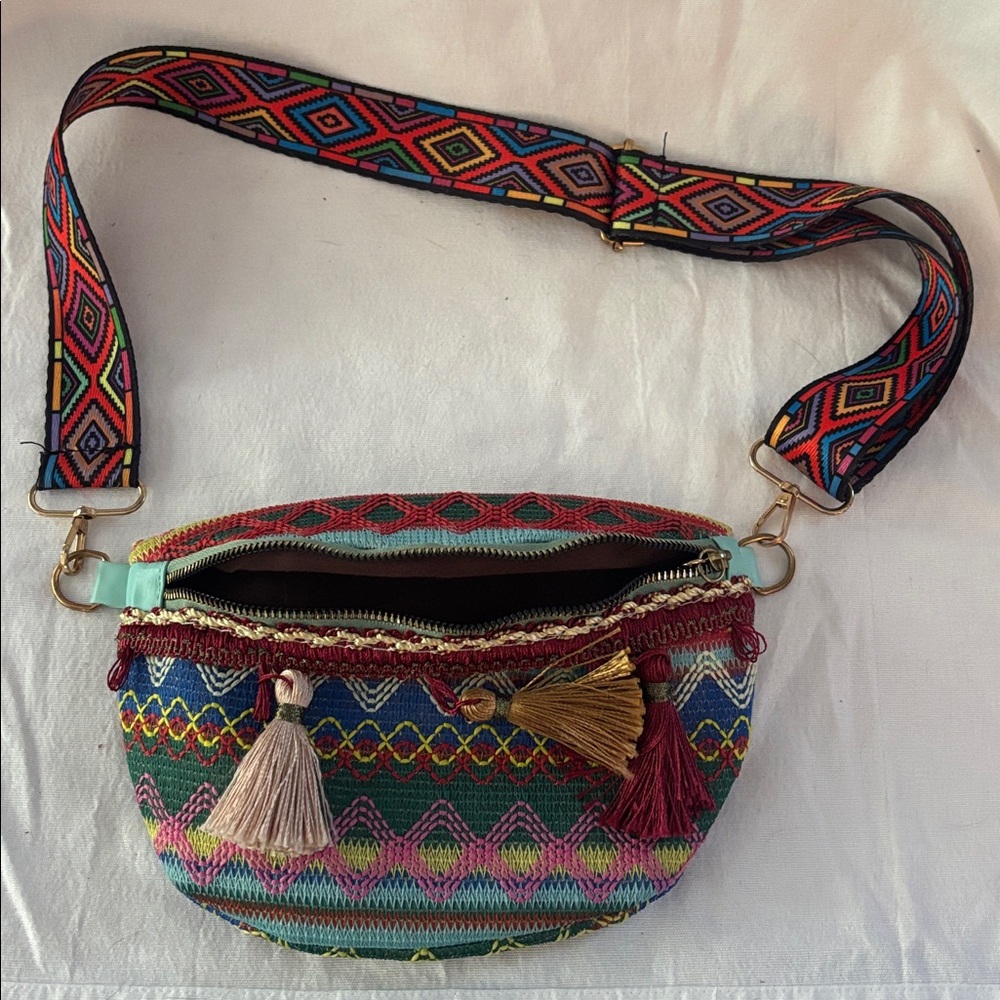 Colorful Patterned Waist Bag with Tassels